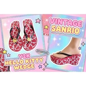 Vtg Y2K Hello Kitty Sanrio Heart Print Wedge Flip Flops - Youth Size (8.5" Sole)